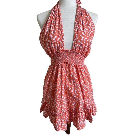 Aerie Size Medium Orange White Floral Mini Dress Size Medium Halter Neck Babydol - Picture 1 of 8
